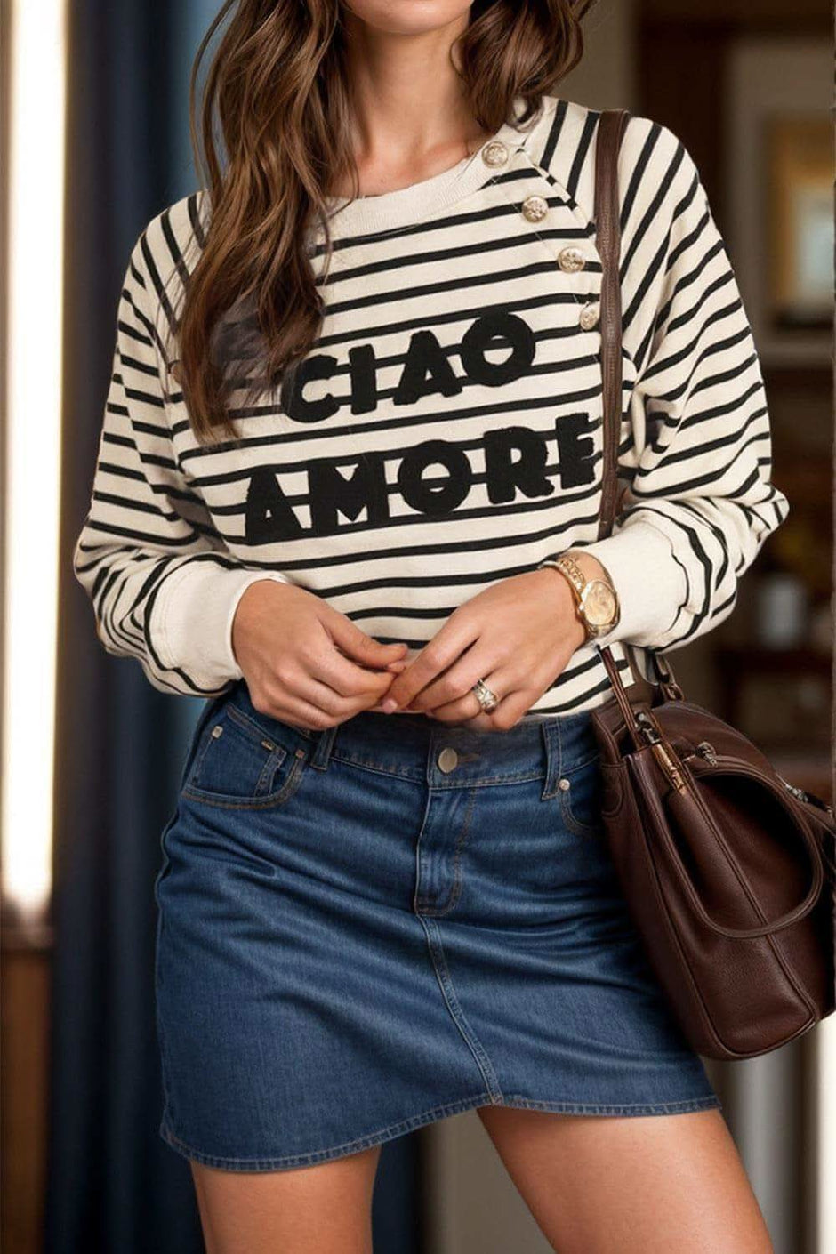 CIAO AMORE Decorative Button Striped Long Sleeve Sweatshirt - SwagglyLife Home & Fashion